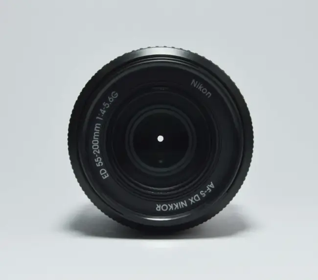 a black camera lens with white text